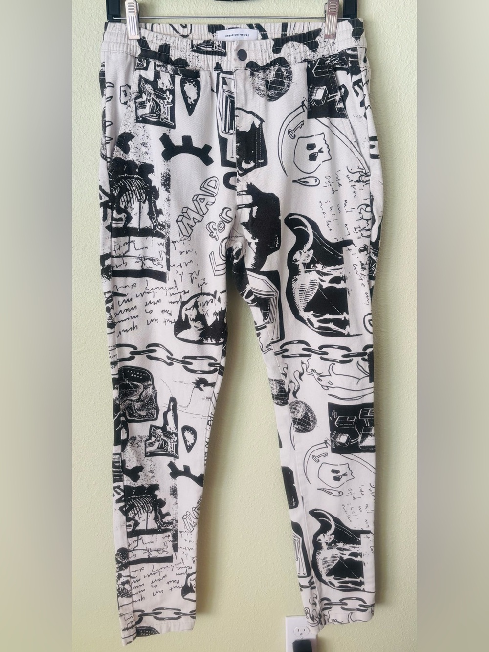Urban Outfitters Drawstring Graffiti Cream & Black Jeans Size: Medium